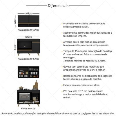 Armário De Cozinha Modulada Compacta 105cm Com Balcão Para Cooktop Veneza Multimóveis Mp2260 Preto Dourado