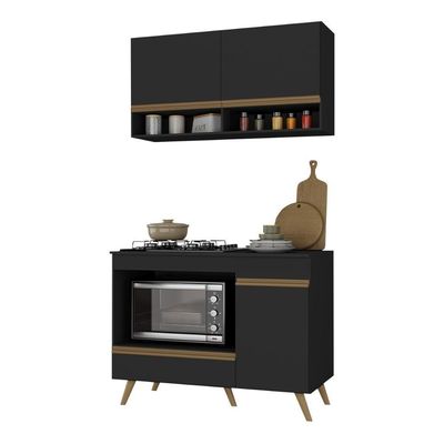 Armário De Cozinha Modulada Compacta 105cm Com Balcão Para Cooktop Veneza Multimóveis Mp2260 Preto Dourado