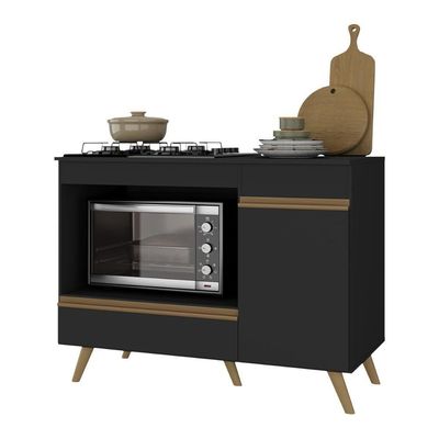 Balcão Para Cooktop E Forno 105cm 1 Porta 1 Gaveta Veneza Multimóveis Mp2258 Preto Dourado