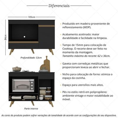 Balcão Para Cooktop E Forno 105cm 1 Porta 1 Gaveta Veneza Multimóveis Mp2258 Preto Dourado