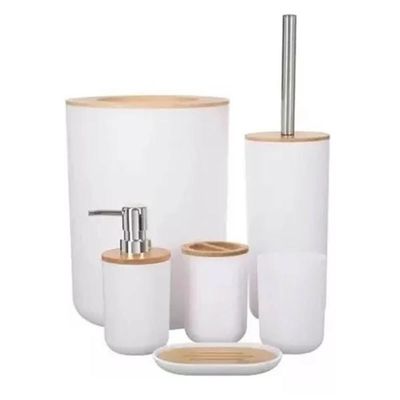 Conjunto Banheiro Bambu 6 Peças Branco Plasvale Lixeira 6,5l Escova Sanitária Acessórios Lavabo