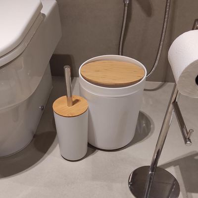 Conjunto Banheiro Bambu 6 Peças Branco Plasvale Lixeira 6,5l Escova Sanitária Acessórios Lavabo