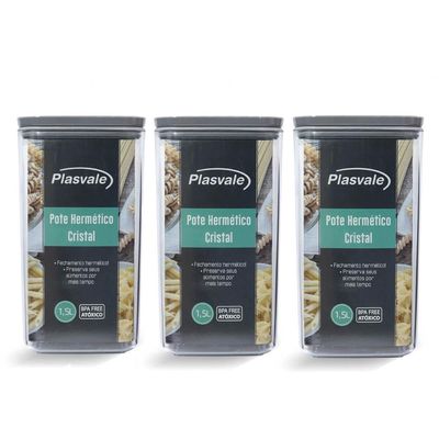 Kit 3 Potes Herméticos 1,5L cada Plasvale Plástico Porta Mantimentos Condimentos Transparente