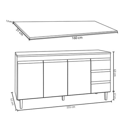 Balcão Gabinete Para Pia 160cm Com Tampo 3 Portas Andréia Branco - Ajl Móveis