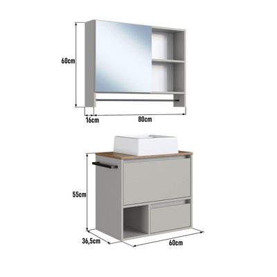 Gabinete Suspenso 60cm Mel Arenas Toalheiro Cuba Espelheira 80cm Conjunto para Banheiro CJ8050.20MA
