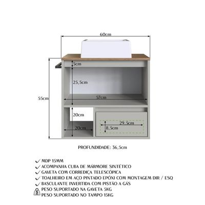 Gabinete Suspenso 60cm Mel Arenas Toalheiro Cuba Espelheira 80cm Conjunto para Banheiro CJ8050.20MA