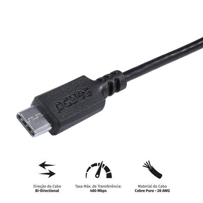Cabo Usb A 2.0 Para Usb Tipo C 50cm Preto - Puacp-05