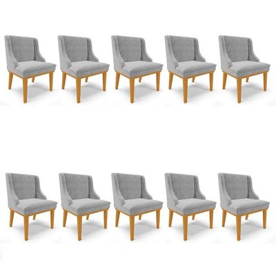 Kit 10 Cadeiras Estofadas Para Sala De Jantar Base Fixa De Madeira Castanho Lia Suede Cinza - Ibiza