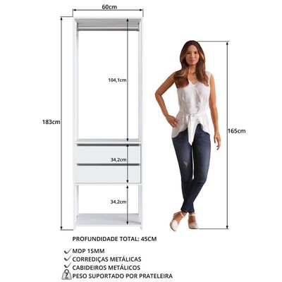 Guarda Roupa Closet Branco 2 Gavetas e Cabideiro 60x45x183cm Modulado