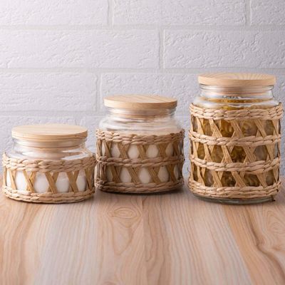 4 Potes Herméticos 350ml Vidro Sisal Tampa Madeira Wolff para Temperos Mantimentos