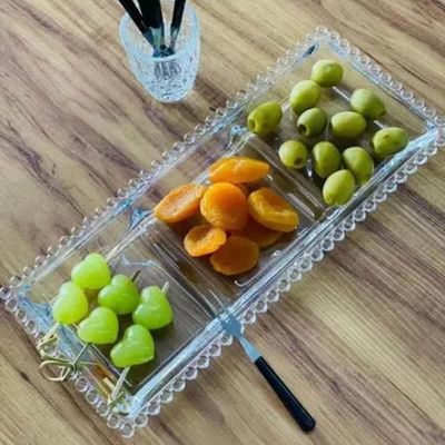 Kit 6 Petisqueiras Cristal Wolff Pearl 3 Divisórias 30x13cm Incolor Petisco Relevo Mesa Posta