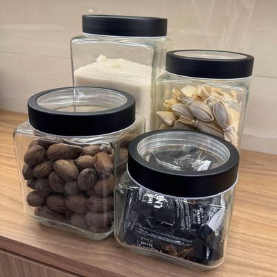 2 Potes de Vidro 800ml Tampa Metal Preta Gastro Lyor Porta Mantimentos Alimentos Quadrado