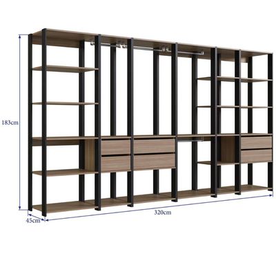 Guarda Roupa Closet 6 Módulos 320x45x183cm Preto e Montana com Gavetas Cabideiro e Nichos Easy Prode