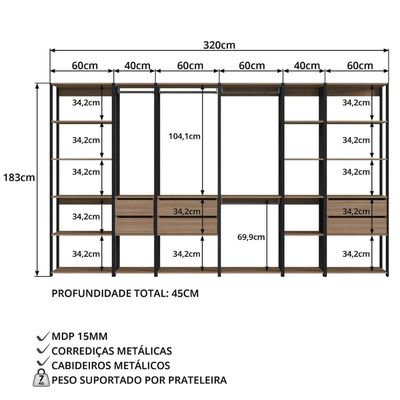 Guarda Roupa Closet 6 Módulos 320x45x183cm Preto e Montana com Gavetas Cabideiro e Nichos Easy Prode