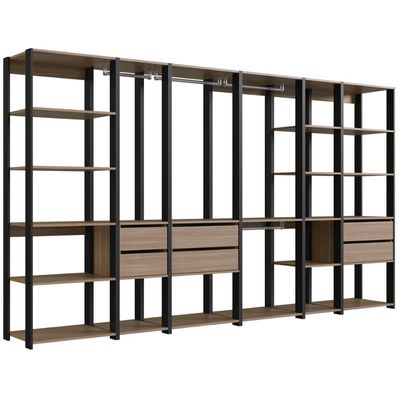 Guarda Roupa Closet 6 Módulos 320x45x183cm Preto e Montana com Gavetas Cabideiro e Nichos Easy Prode