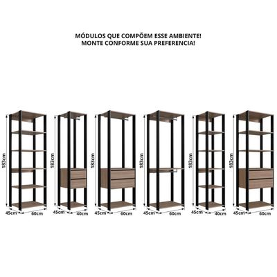 Guarda Roupa Closet 6 Módulos 320x45x183cm Preto e Montana com Gavetas Cabideiro e Nichos Easy Prode