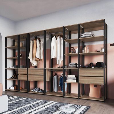 Guarda Roupa Closet 6 Módulos 320x45x183cm Preto e Montana com Gavetas Cabideiro e Nichos Easy Prode