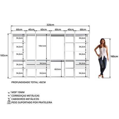 Guarda Roupa Closet 6 Peças com Cabideiros e Gavetas Branco com Nichos Easy Prodecor