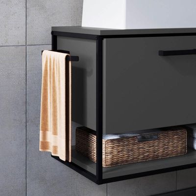 Gabinete Para Banheiro com Cuba Gaveta Suspenso 80cm Grafite Industrial Placa e Ponto