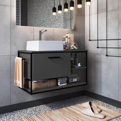 Gabinete Para Banheiro com Cuba Gaveta Suspenso 80cm Grafite Industrial Placa e Ponto
