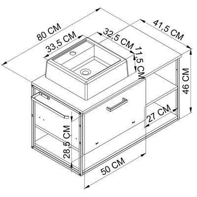 Gabinete Para Banheiro com Cuba Gaveta Suspenso 80cm Grafite Industrial Placa e Ponto