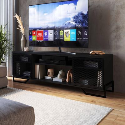 Rack Estante Painel Para Tv 60" 183x40x57cm MDP Telada P1027 Preto Estilo Industrial Placa e Ponto Preto