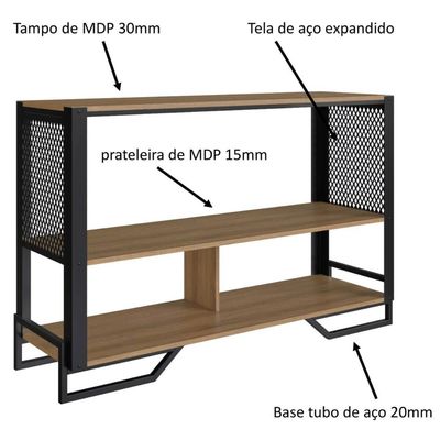 Balcão Aparador 2 Prateleiras 134x40x85cm Estilo Industrial Telado Preto Mel P1021 Mel