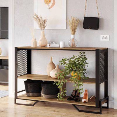 Balcão Aparador 2 Prateleiras 134x40x85cm Estilo Industrial Telado Preto Mel P1021 Mel