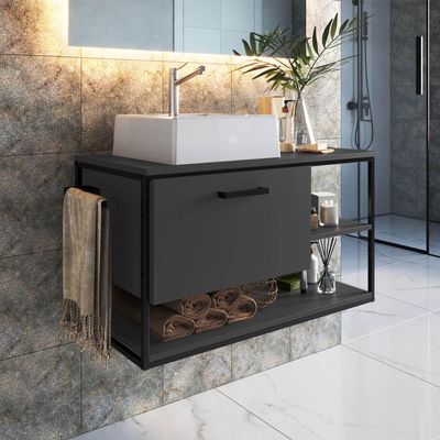 Gabinete Suspenso para Banheiro 80cm Preto e Grafite Estilo Industrial sem Cuba Placa e Ponto