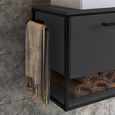 Gabinete Suspenso para Banheiro 80cm Preto e Grafite Estilo Industrial sem Cuba Placa e Ponto