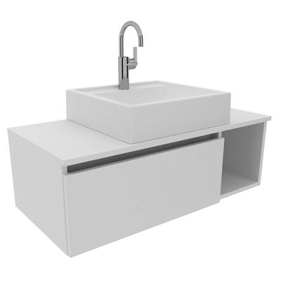 Balcão Gabinete Suspenso Armário Sem Cuba 80cm 1 Porta 1 Nicho Lateral para Banheiro Branco