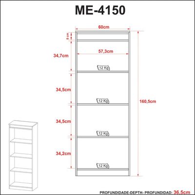 Armário Estante para Escritório com 4 Prateleiras ME4150 Amêndoa Tecnomobili
