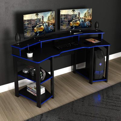 Mesa Gamer Cockpit Para 2 Monitores ME4167 Preto/Azul Tecnomobili