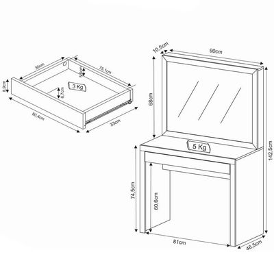 Penteadeira Camarim para Quarto 90x46,5x142,5 Juvenil com Espelho PE 2000 Branco Tecnomobili