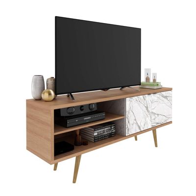 Rack Para TV até 55'' Com 2 Portas R1482 Amêndoa/Mármore Branco