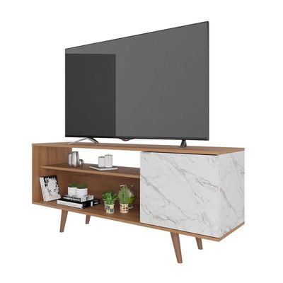 Rack Para TV até 42'' Com 1 Porta Lateral R1486 Amêndoa/Mármore Branco