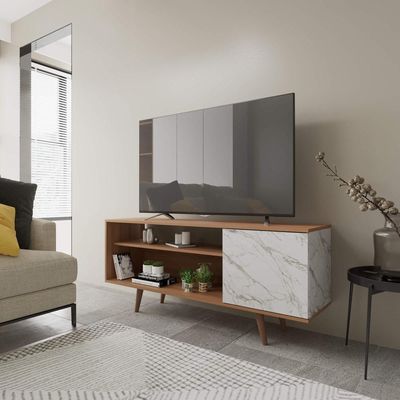 Rack Para TV até 42'' Com 1 Porta Lateral R1486 Amêndoa/Mármore Branco