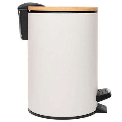 Lixeira 5L Metal Redonda com Pedal Branca Tampa Bambu Balde Interno Banheiro Genebra Branco