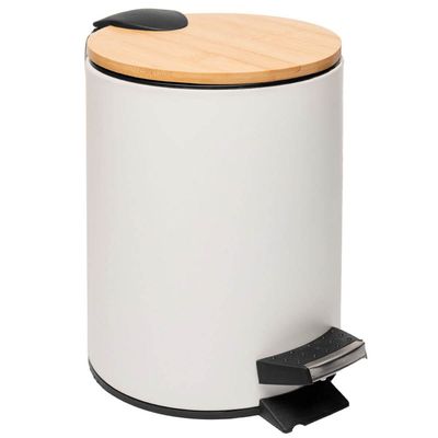 Lixeira 5L Metal Redonda com Pedal Branca Tampa Bambu Balde Interno Banheiro Genebra Branco