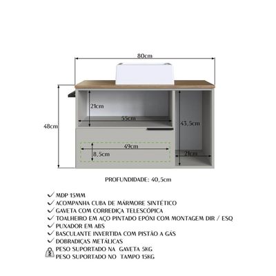Gabinete Suspenso 80cm Mel Arenas com Cuba 2 Portas 1 Gaveta 1 Toalheiro BH8020MACUBA