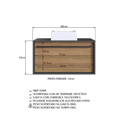 Gabinete Suspenso 80cm Mel Grafite Cuba Gavetão e Toalheiro BH8040MGCUBA
