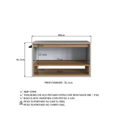 Gabinete Suspenso 80cm Mel Arenas com Nicho Toalheiro Porta BH8060MA