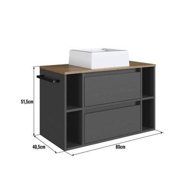 Gabinete Suspenso 80cm Cuba Espelho e Toalheiro Mel Grafite Conjunto para Banheiro com Espelheira CJ8010.20MG