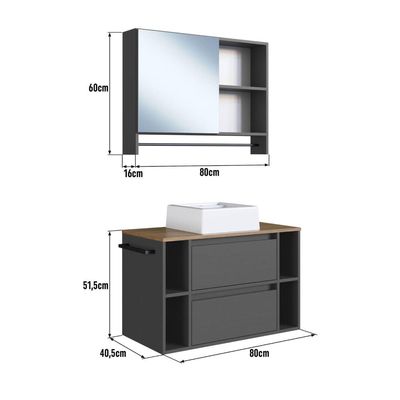 Gabinete Suspenso 80cm Cuba Espelho e Toalheiro Mel Grafite Conjunto para Banheiro com Espelheira CJ8010.20MG