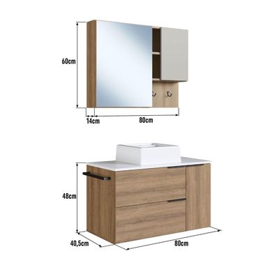 Gabinete Suspenso 80cm Cuba Espelheira Toalheiro Mel Branco Conjunto para Banheiro CJ8020.10MBA