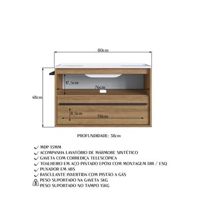 Gabinete Suspenso 80cm Mel Toalheiro Lavatorio e Espelheira Conjunto para Banheiro CJ8030.20M