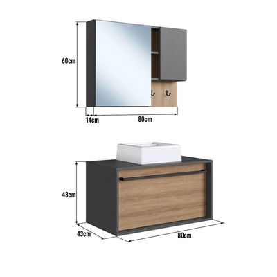Gabinete Suspenso 80cm Mel Grafite Toalheiro Cuba Espelheira Conjunto para Banheiro CJ8040.10MG
