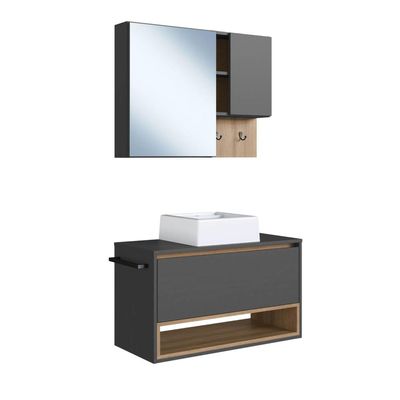 Gabinete Suspenso 80cm Grafite Mel Toalheiro Cuba Espelheira Conjunto para Banheiro CJ8060.10MG