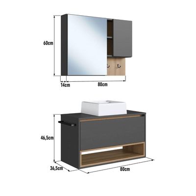 Gabinete Suspenso 80cm Grafite Mel Toalheiro Cuba Espelheira Conjunto para Banheiro CJ8060.10MG