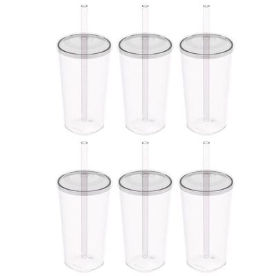 Kit 6 Copos com Tampa e Canudo 500ml Crippa Transparente Plástico Água Suco Bebidas